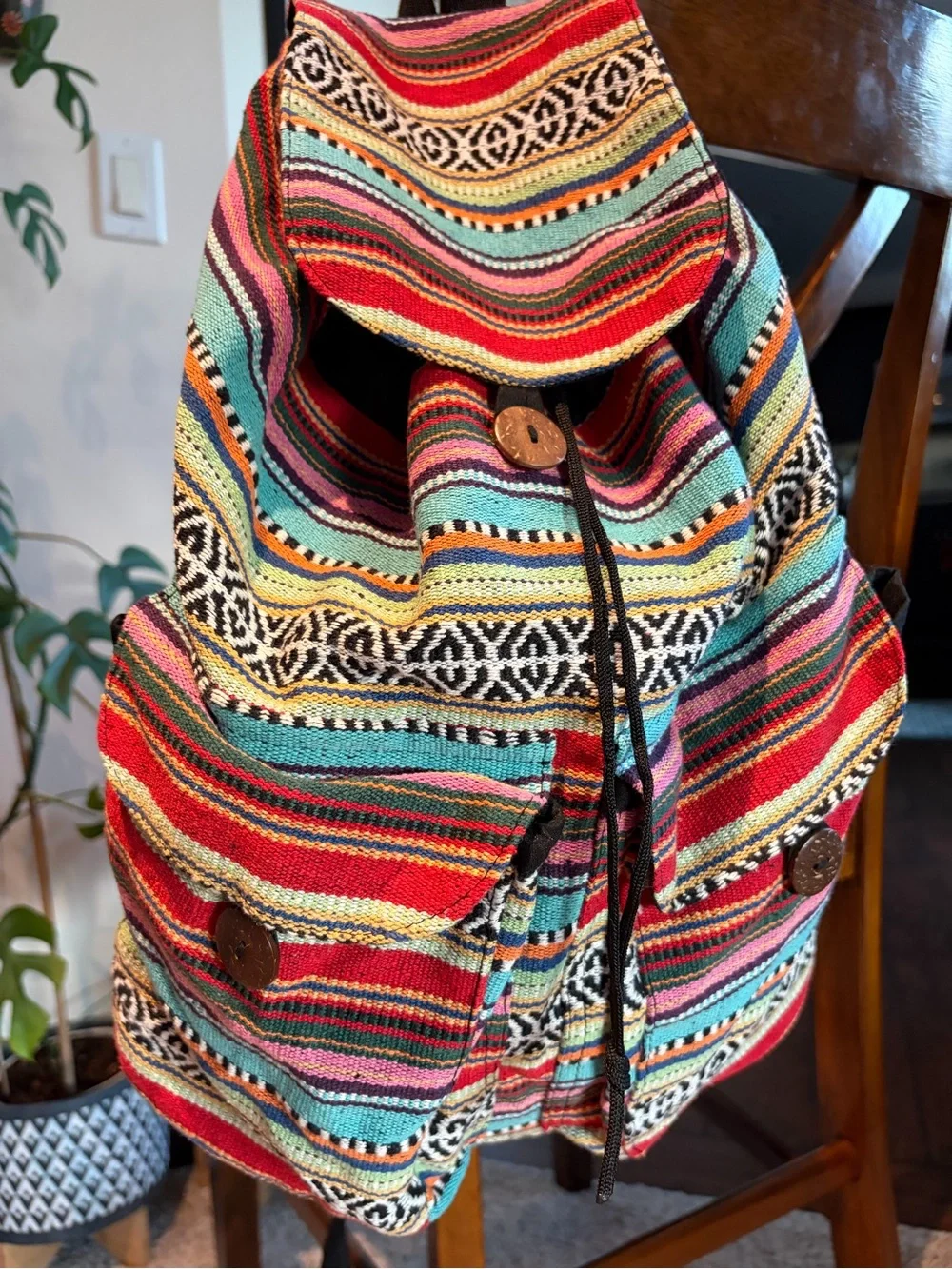 Made in Nepal. Colorful Striped Woven Backpack